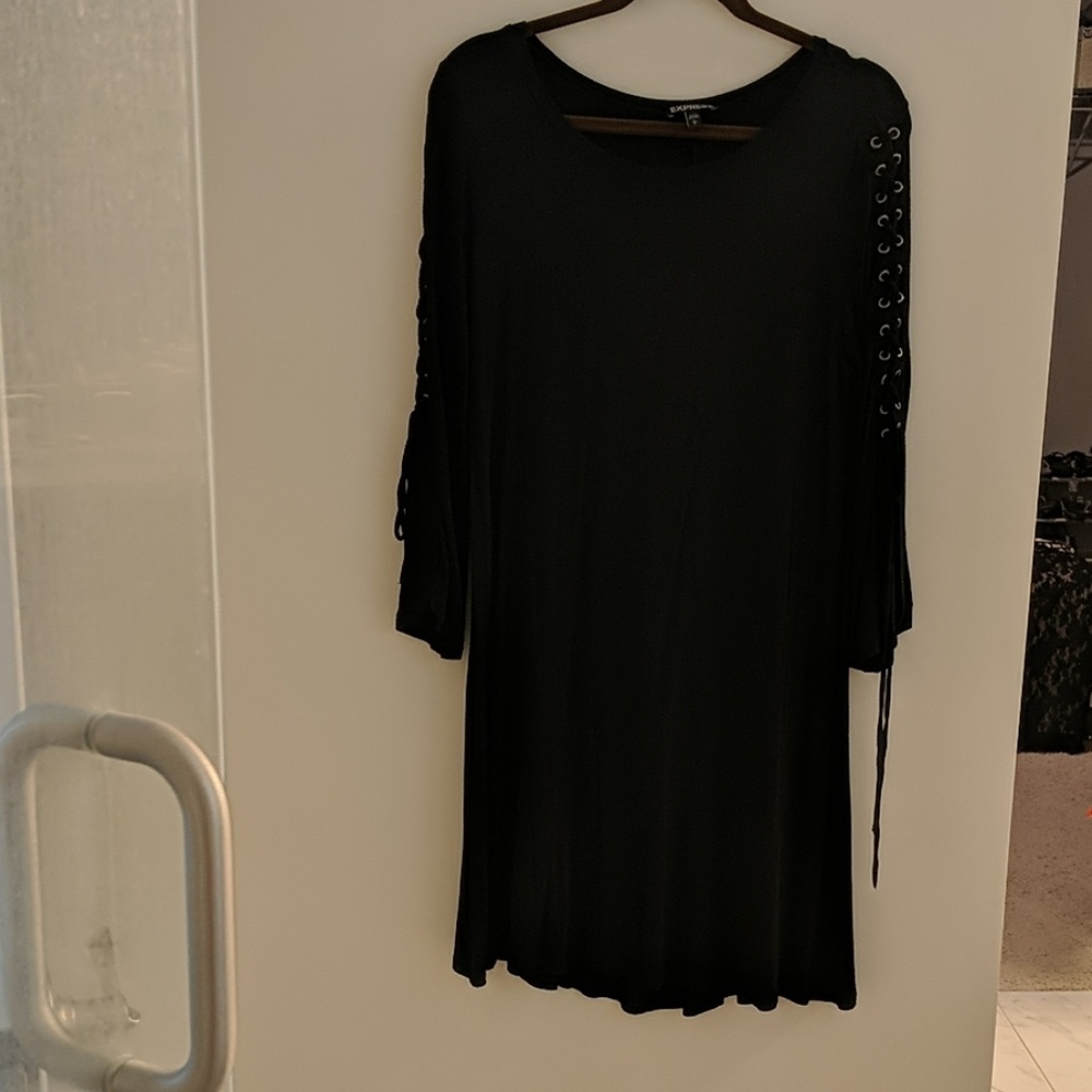 Express black dress with lace up sleeves
